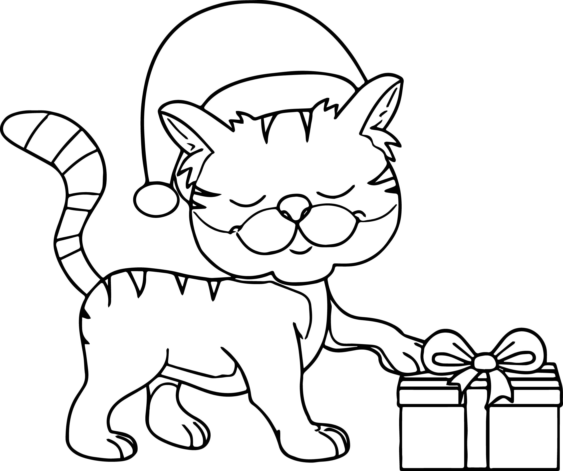 Happy Cat Wearing Christmas Hat Taking Gift Coloring Page Wecoloringpage