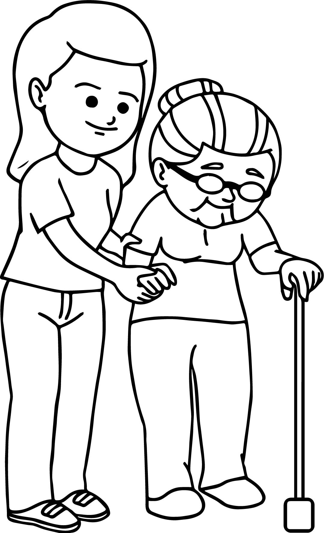 Woman Helping Elderly Woman To Walk Family Coloring Page
