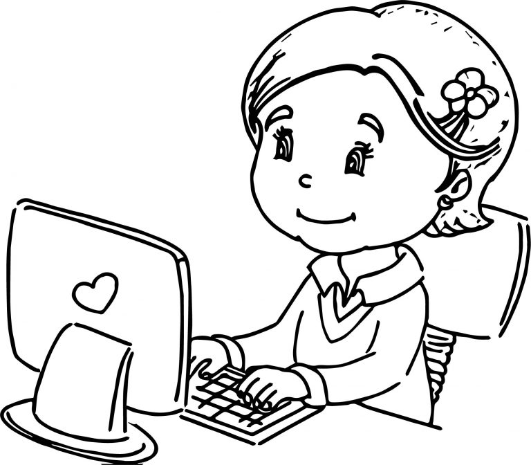 Any Child Girl Use The Computer Coloring Page | Wecoloringpage.com