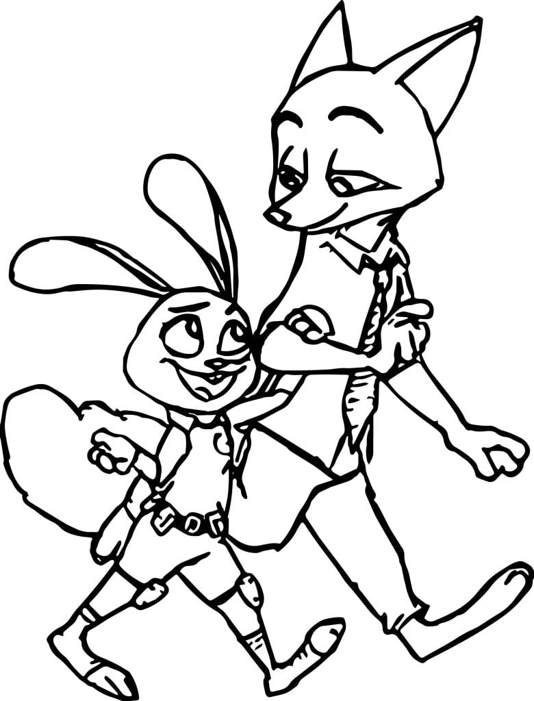 Nick Wilde Judy Hopps Bunny Fox Walking Coloring Page - Wecoloringpage.com