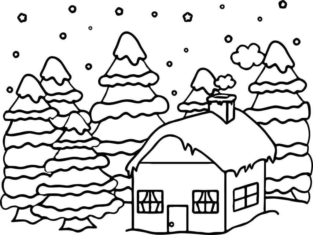 House Or Cabin In The Woods Covered In Snow In The Winter Time Coloring 