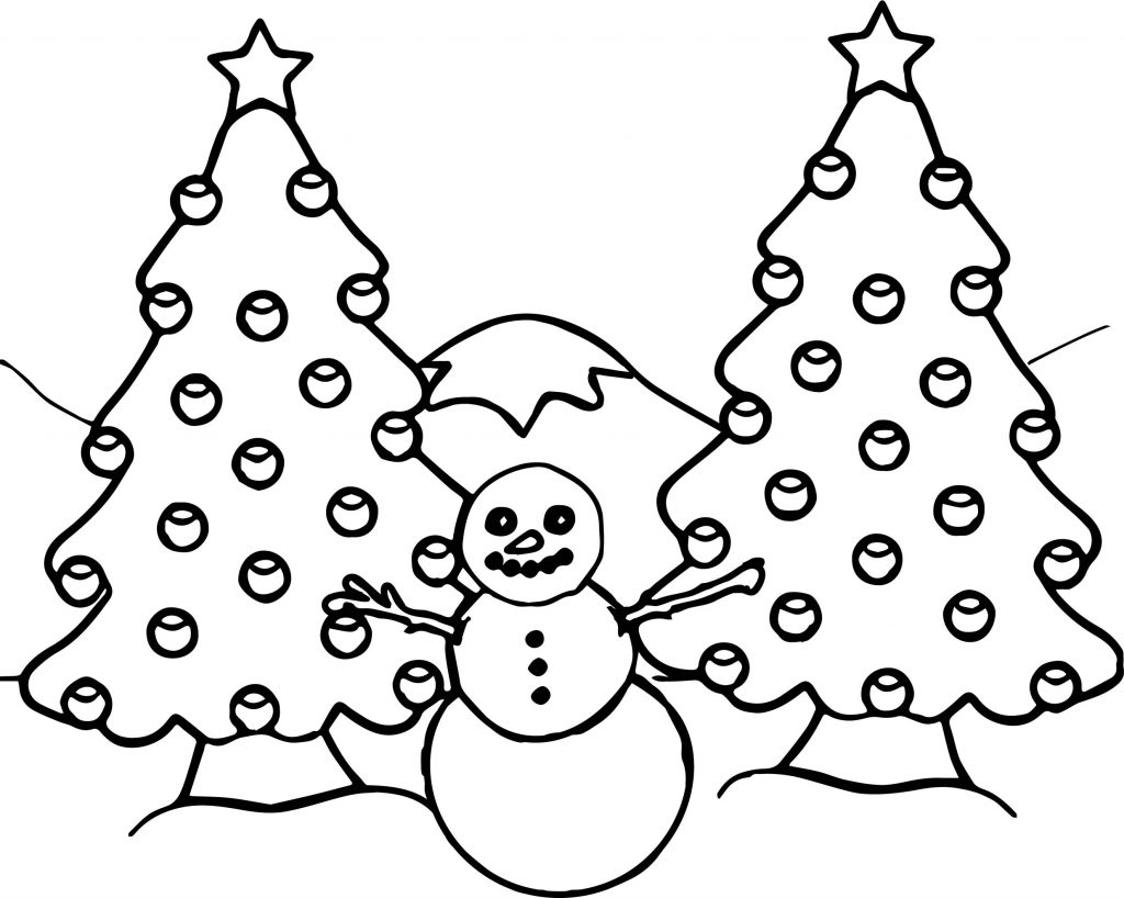 Illustration Of A Snowman And Two Decorated Christmas Trees With A