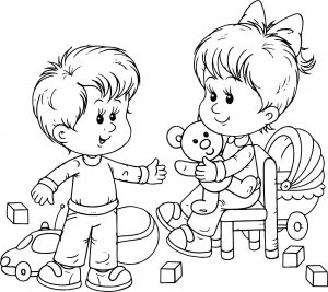 Preschool Boy And Girl Playing Toys Coloring Page