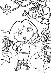 Dora And Monkey At Forest Coloring Page