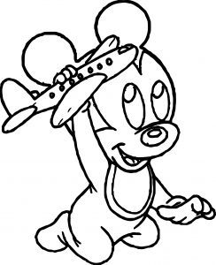 Baby Mickey Playing Plane Coloring Page