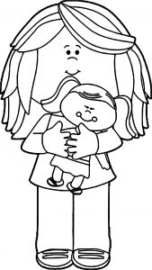 Little Girl Holding Baby Doll Coloring Page