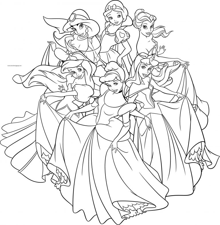 Disney Princess Girls Group Pose Coloring Page - Wecoloringpage.com