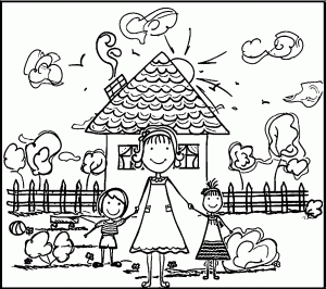 Mom and kids summer scene coloring page