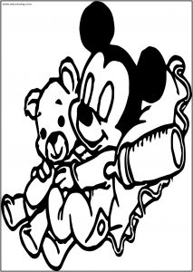 Baby Mickey Sleep With Bear Toy Free A4 Printable Coloring Page