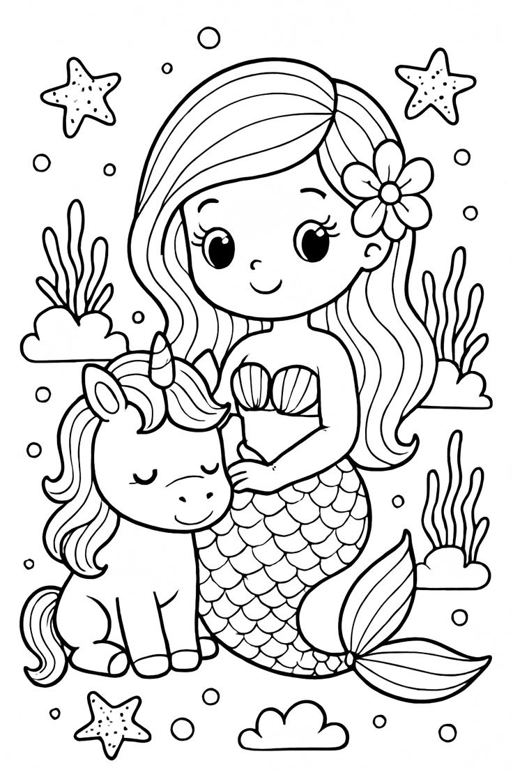 Cute Mermaid and Unicorn Coloring Page
